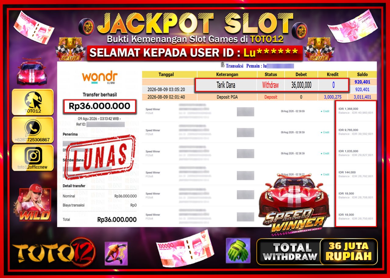 HANYA DI TOTO12 JP PASTI DI BAYAR LUNAS DAN CEPAT!!!!!! JACKPOT SLOT GAME (SPEED WINNER) Rp36.000.000!!!!