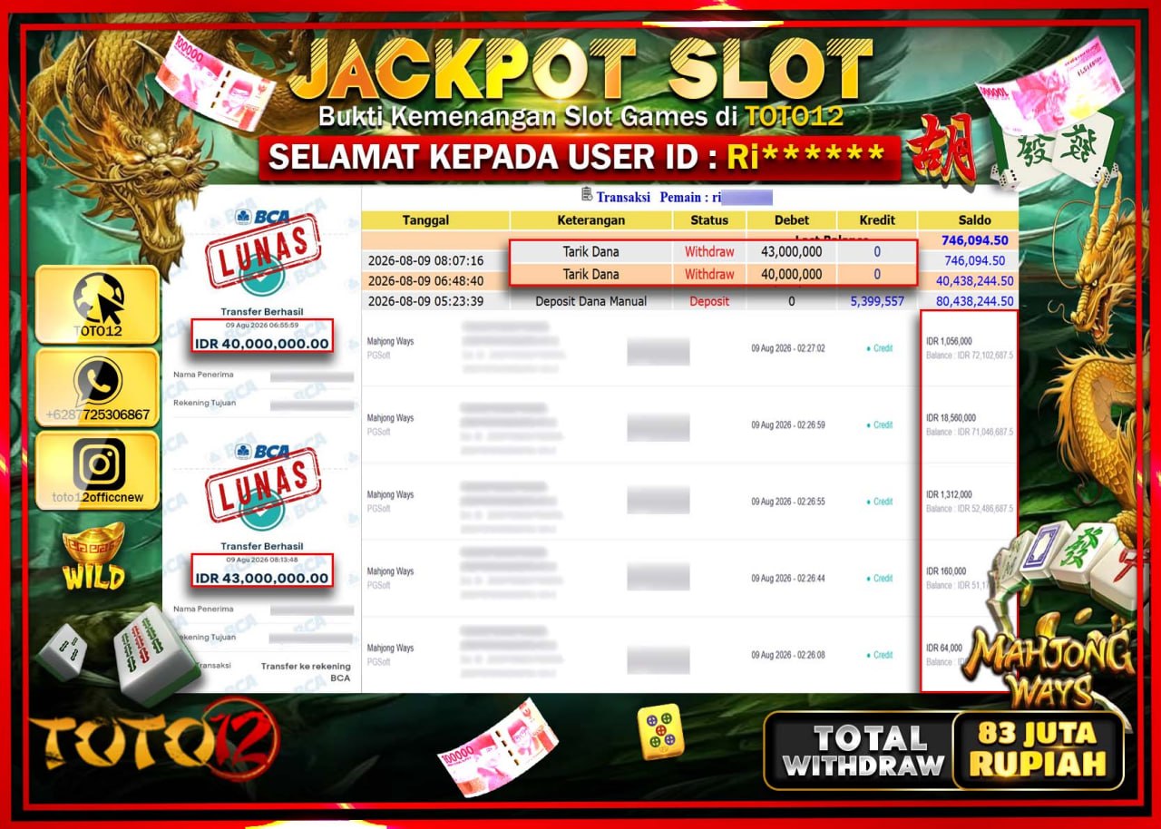 HANYA DI TOTO12 JP PASTI DI BAYAR LUNAS DAN CEPAT!!!!!! JACKPOT SLOT GAME (MAHJONG WAYS) Rp83.000.000!!!!