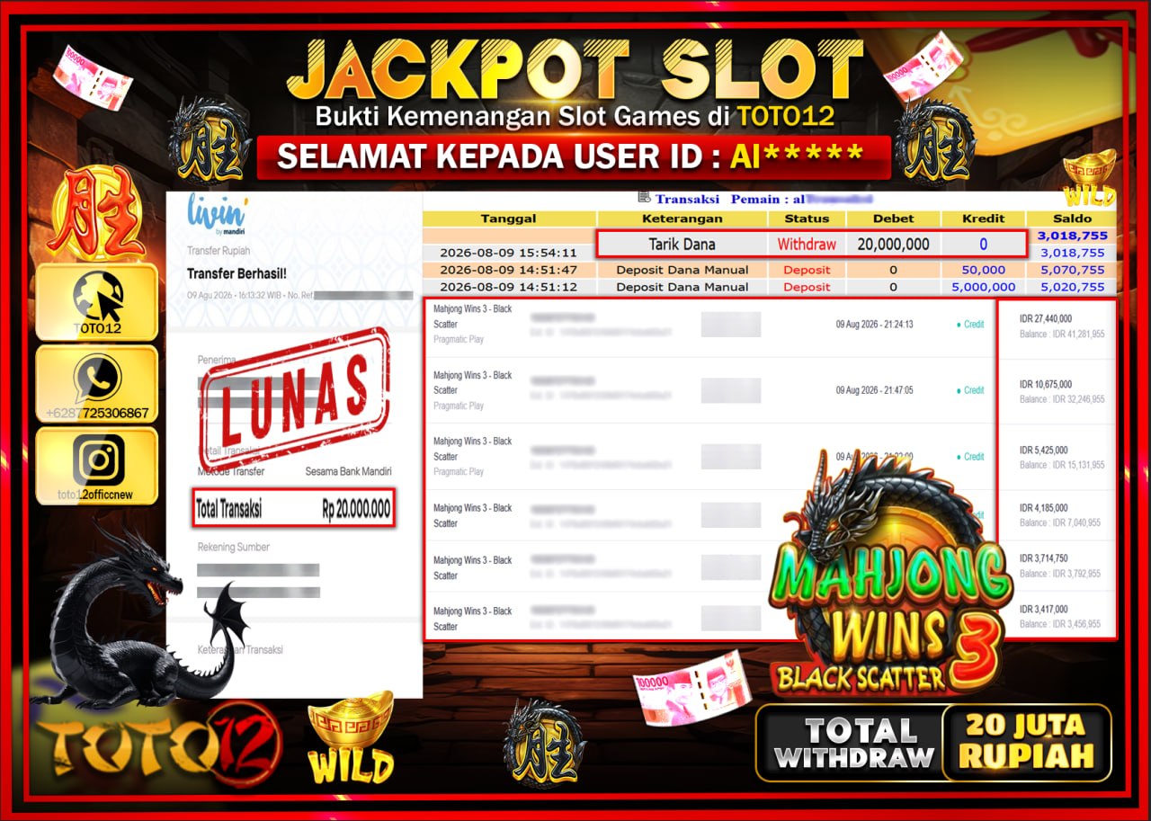 HANYA DI TOTO12 JP PASTI DI BAYAR LUNAS DAN CEPAT!!!!!! JACKPOT SLOT GAME (MAHJONG WINS 3 BLACK SCATTER) Rp20.000.000!!!!