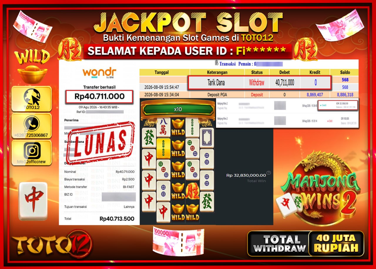 HANYA DI TOTO12 JP PASTI DI BAYAR LUNAS DAN CEPAT!!!!!! JACKPOT SLOT GAME (MAHJONG WINS 2) Rp40.711.000!!!!