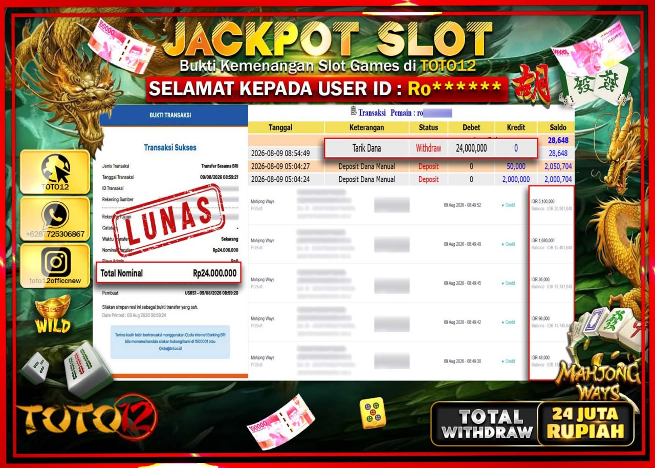 HANYA DI TOTO12 JP PASTI DI BAYAR LUNAS DAN CEPAT!!!!!! JACKPOT SLOT GAME (MAHJONG WAYS) Rp24.000.000!!!!
