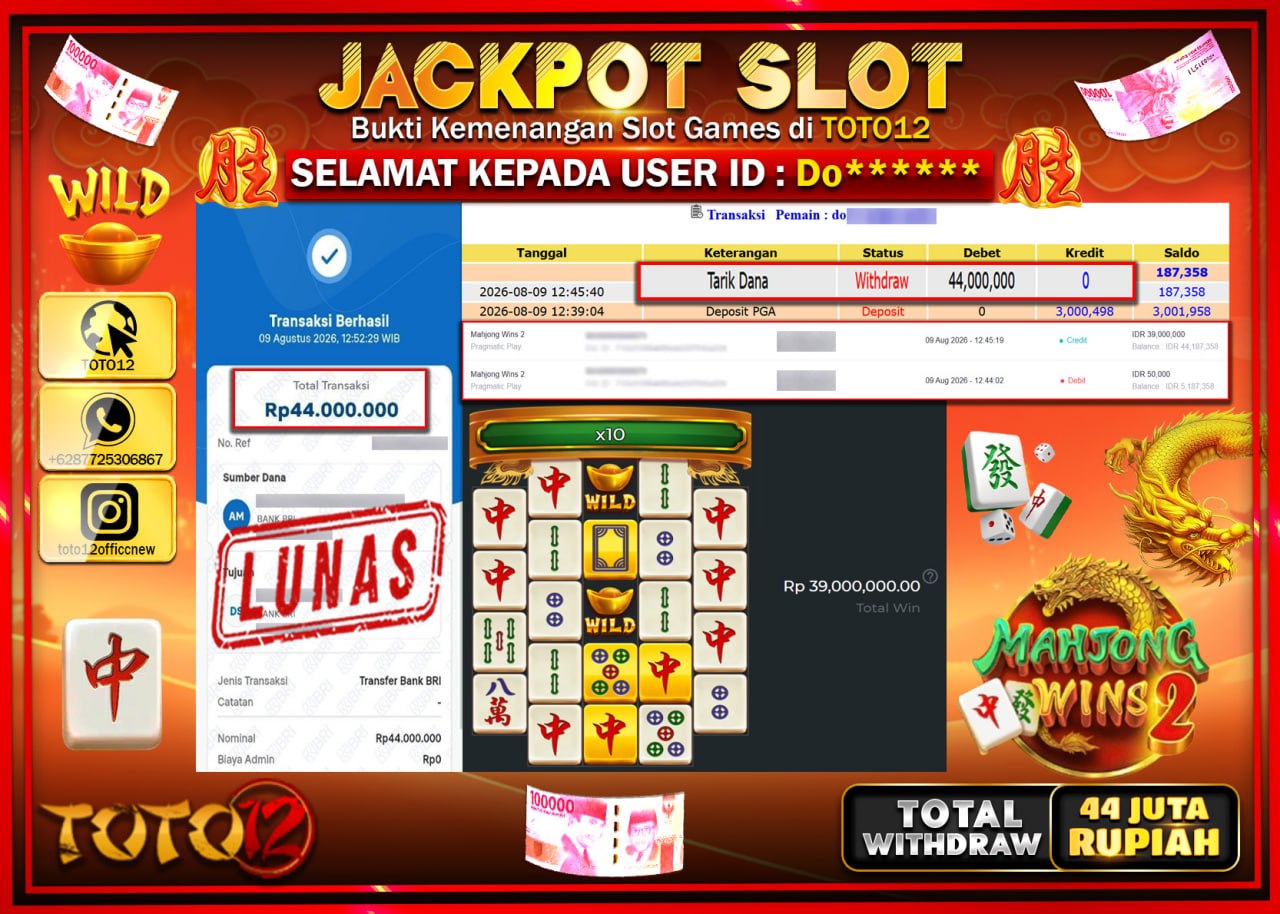 HANYA DI TOTO12 JP PASTI DI BAYAR LUNAS DAN CEPAT!!!!!! JACKPOT SLOT GAME (MAHJONG WINS 2) Rp44.000.000!!!!