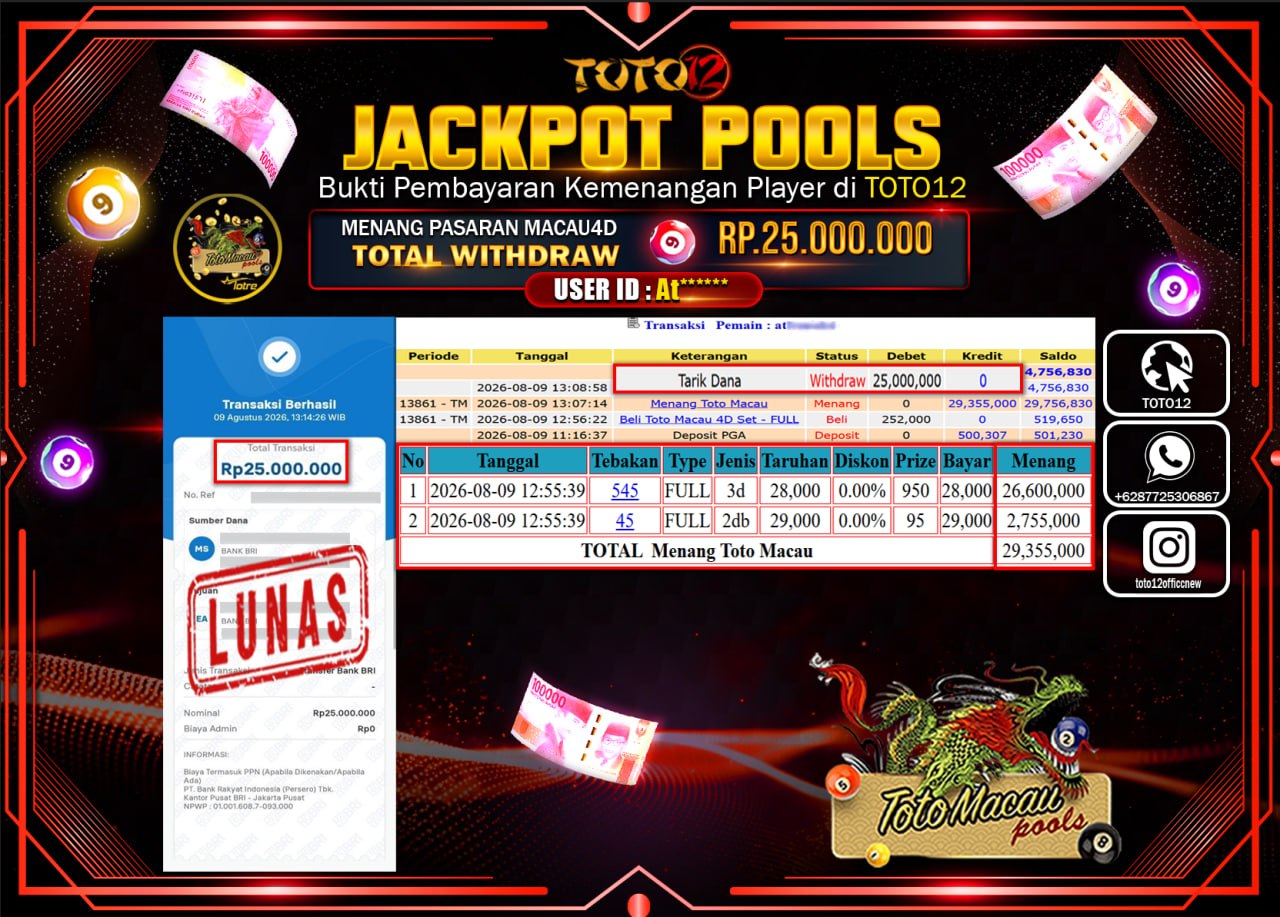 HANYA DI TOTO12 JP PASTI DI BAYAR LUNAS DAN CEPAT!!!!!! JACKPOT POOLS PASARAN (MACAU 4D) Rp25.000.000!!!!