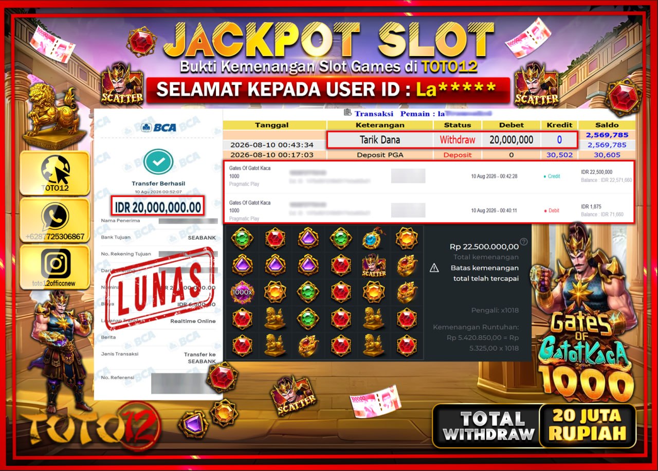HANYA DI TOTO12 JP PASTI DI BAYAR LUNAS DAN CEPAT!!!!!! JACKPOT SLOT GAME (GATES OF GATOT KACA 1000) Rp20.000.000!!!!