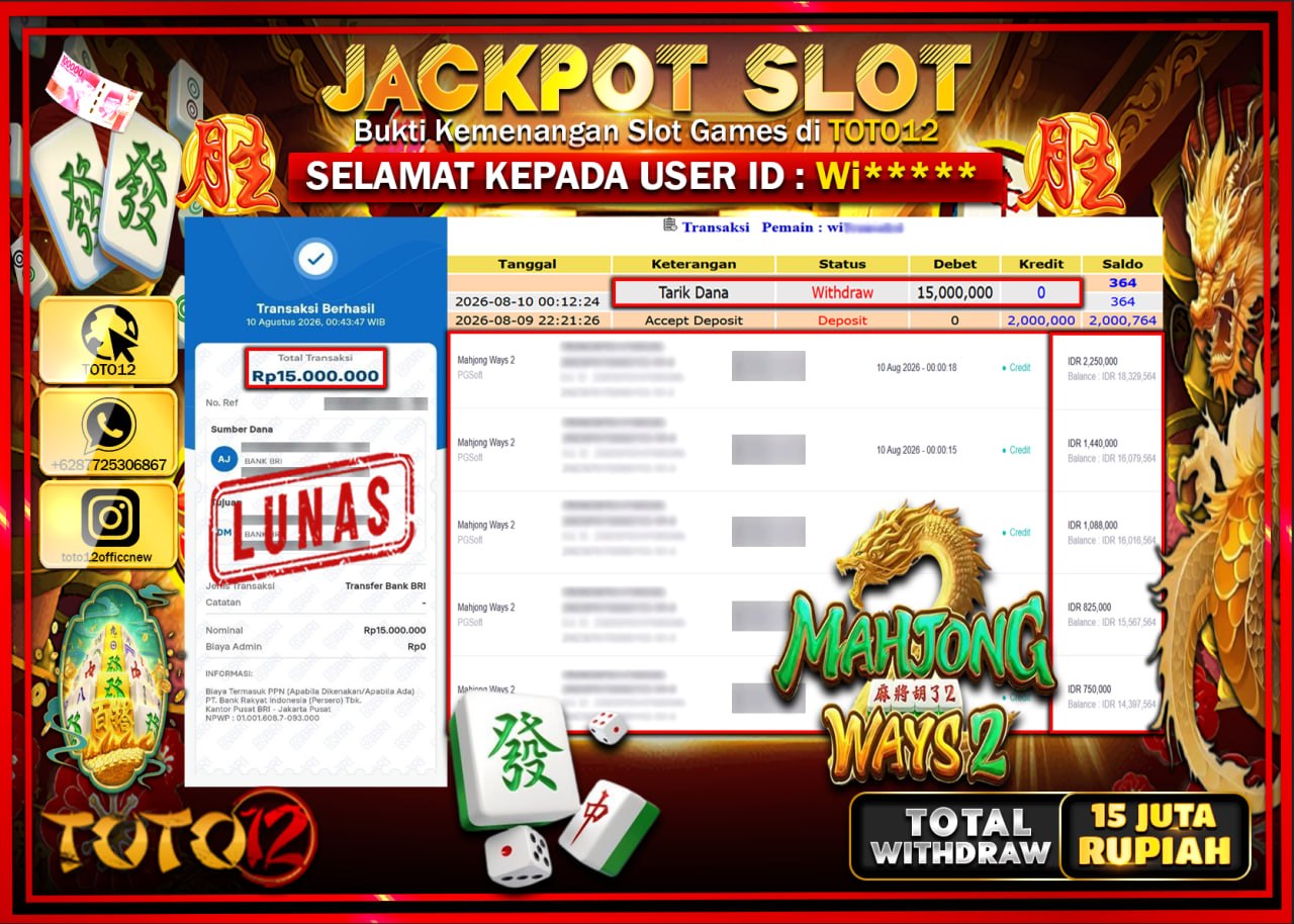 HANYA DI TOTO12 JP PASTI DI BAYAR LUNAS DAN CEPAT!!!!!! JACKPOT SLOT GAME (MAHJONG WAYS 2) Rp15.000.000!!!!