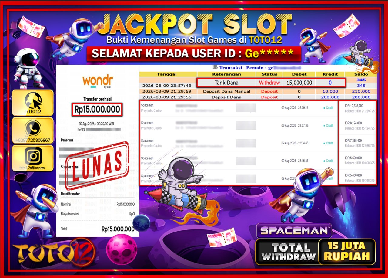 HANYA DI TOTO12 JP PASTI DI BAYAR LUNAS DAN CEPAT!!!!!! JACKPOT SLOT GAME (SPACEMAN) Rp15.000.000!!!!
