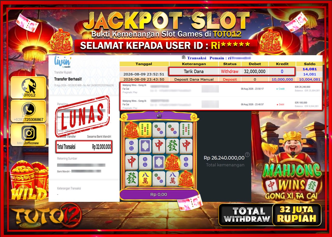 HANYA DI TOTO12 JP PASTI DI BAYAR LUNAS DAN CEPAT!!!!!! JACKPOT SLOT GAME (MAHJONG WINS GONGXI FA CAI) Rp32.000.000!!!!