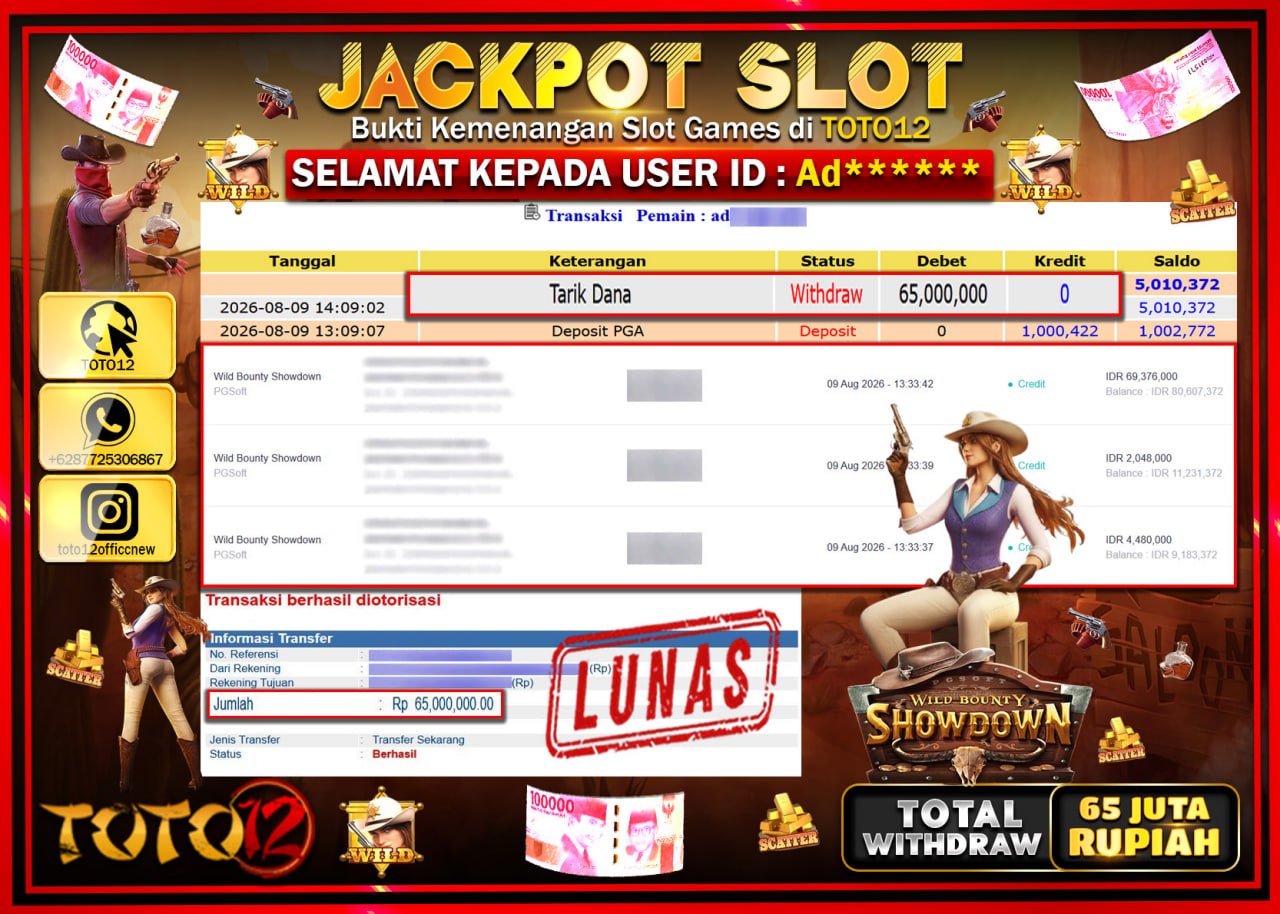 HANYA DI TOTO12 JP PASTI DI BAYAR LUNAS DAN CEPAT!!!!!! JACKPOT SLOT GAME (WILD BOUNTY SHOWDOWN) Rp65.000.000!!!!