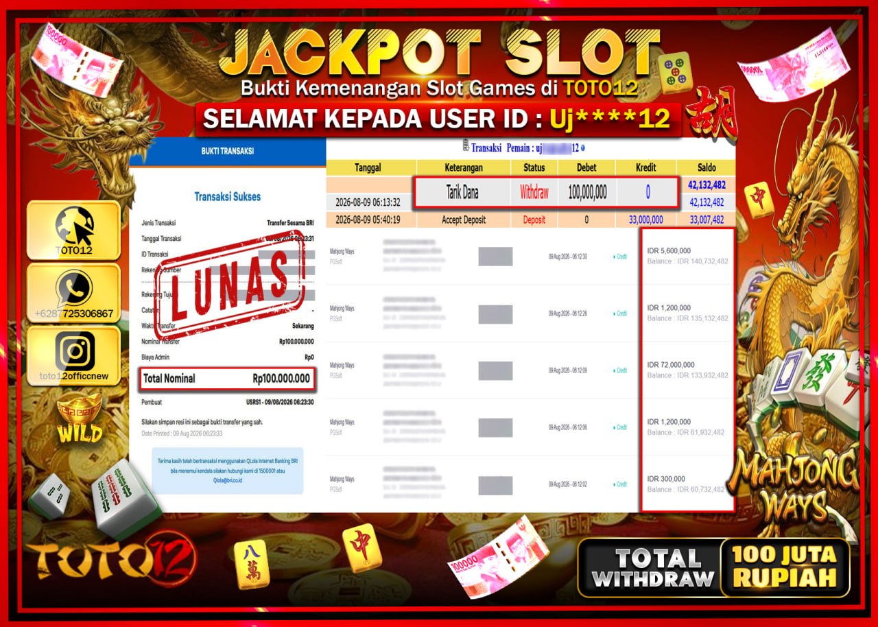 HANYA DI TOTO12 JP PASTI DI BAYAR LUNAS DAN CEPAT!!!!!! JACKPOT SLOT GAME (MAHJONG WAYS) Rp100.000.000!!!!