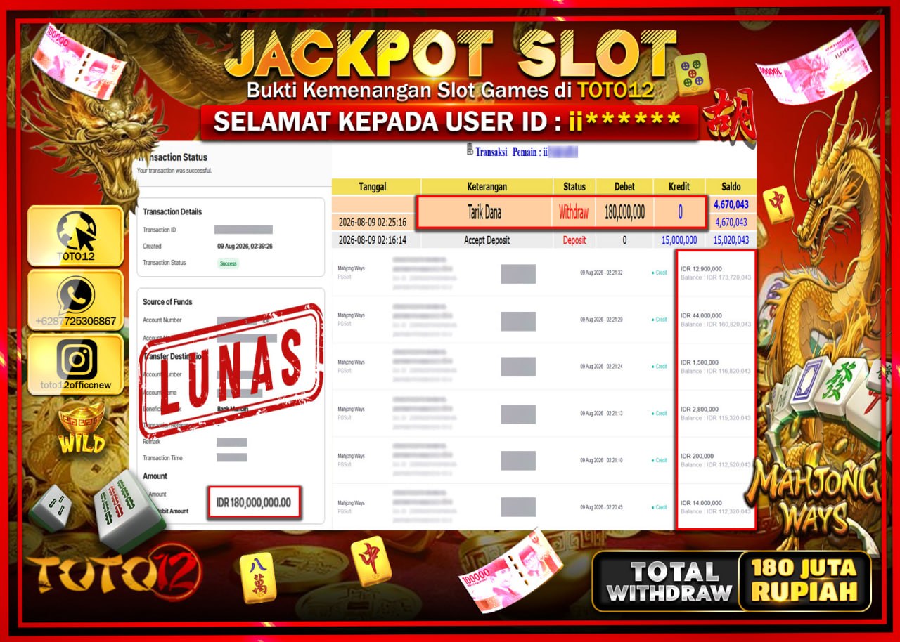 HANYA DI TOTO12 JP PASTI DI BAYAR LUNAS DAN CEPAT!!!!!! JACKPOT SLOT GAME (MAHJONG WAYS) Rp180.000.000!!!!