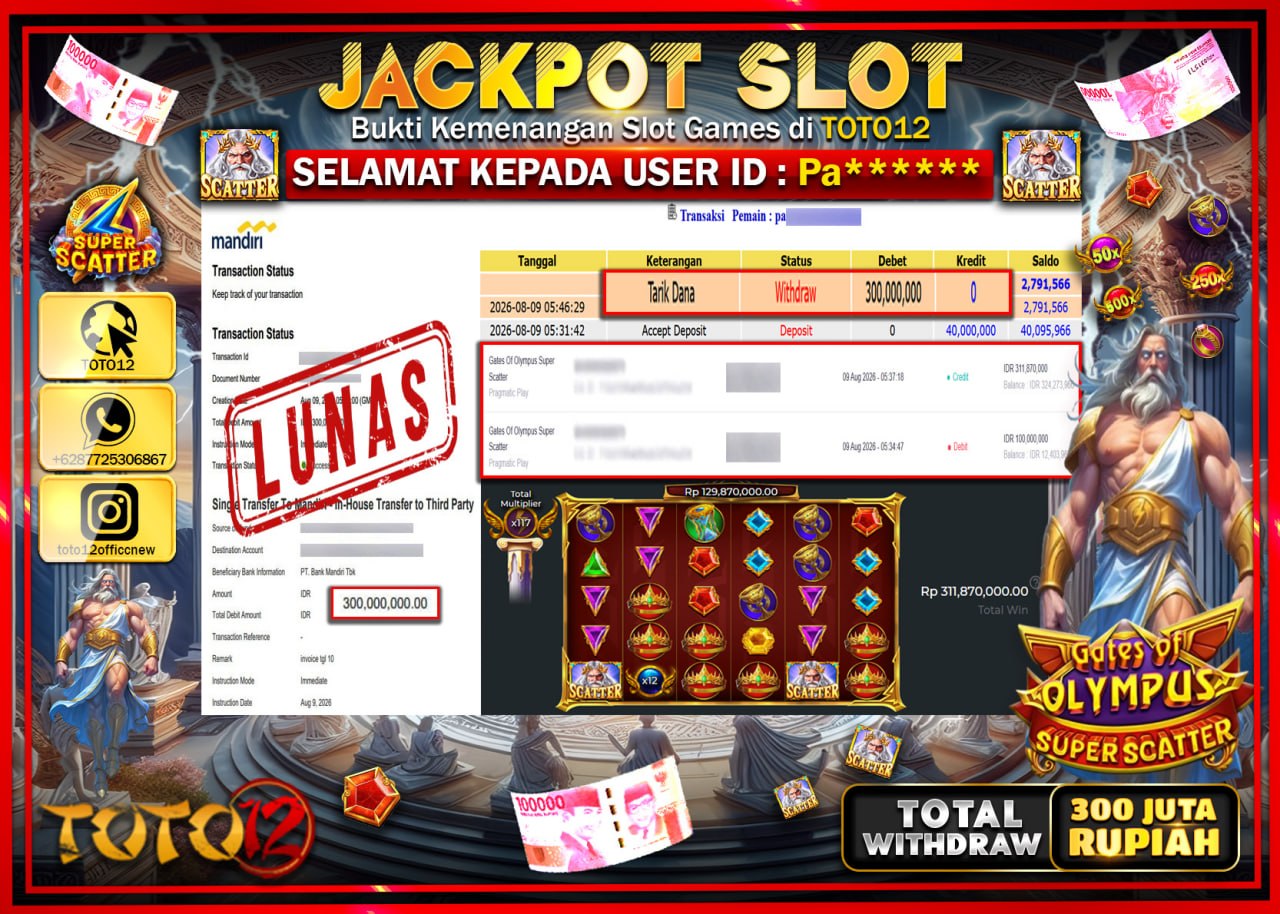 HANYA DI TOTO12 JP PASTI DI BAYAR LUNAS DAN CEPAT!!!!!! JACKPOT SLOT GAME (GATES OF OLYMPUS SUPER SCATTER) Rp300.000.000!!!!