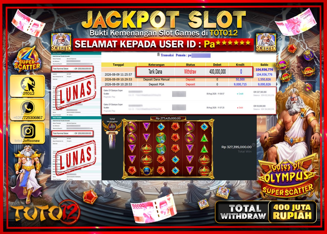 HANYA DI TOTO12 JP PASTI DI BAYAR LUNAS DAN CEPAT!!!!!! JACKPOT SLOT GAME (GATES OF OLYMPUSS SUPER SCATTER) Rp400.000.000!!!!