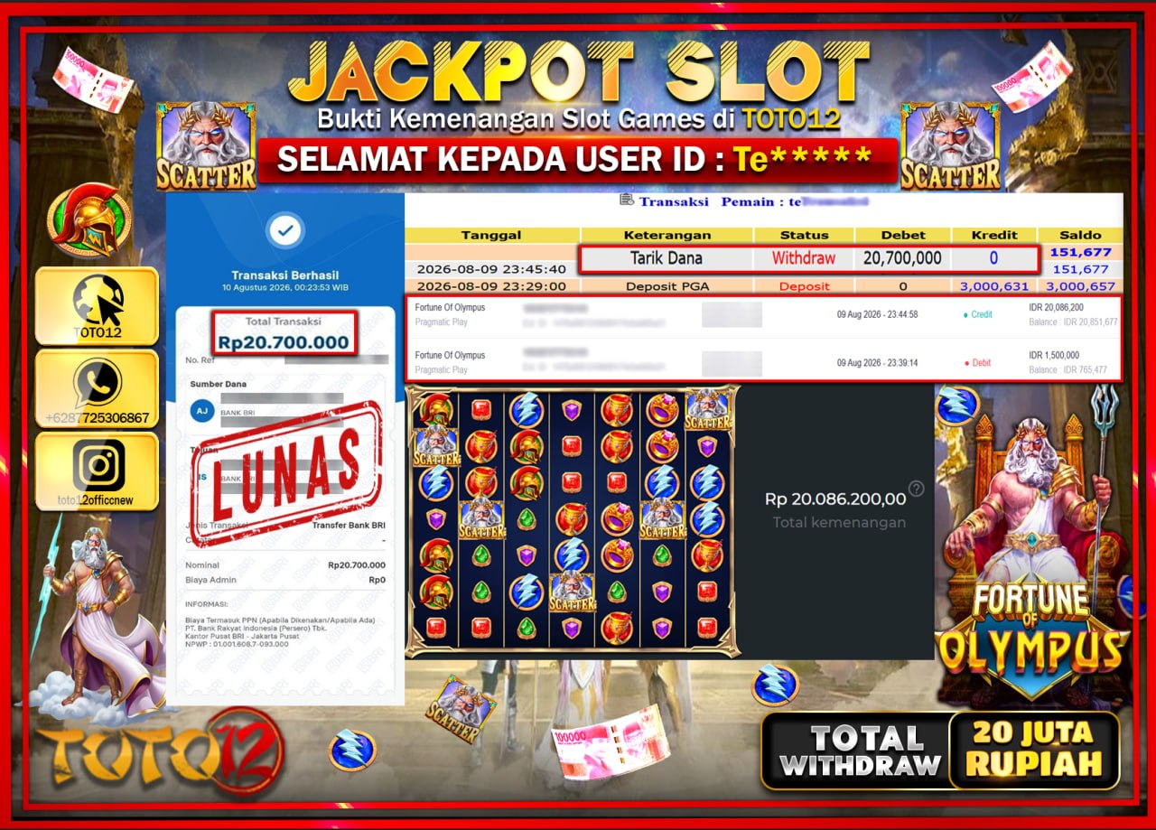 HANYA DI TOTO12 JP PASTI DI BAYAR LUNAS DAN CEPAT!!!!!! JACKPOT SLOT GAME (FORTUNE OF OLYMPUS) Rp20.700.000!!!!