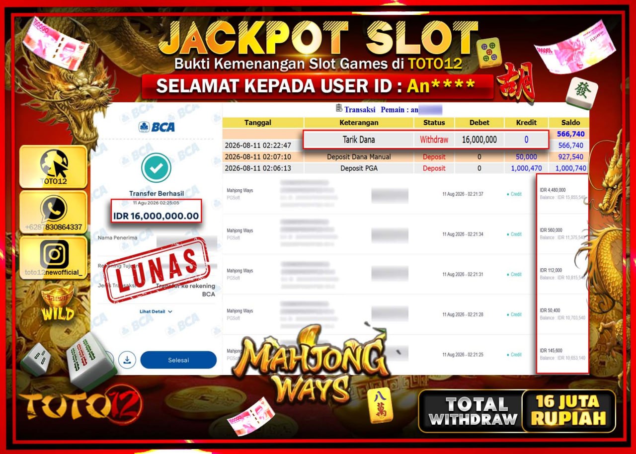 HANYA DI TOTO12 JP PASTI DI BAYAR LUNAS DAN CEPAT!!!!!! JACKPOT SLOT GAME (MAHJONG WAYS) Rp16.000.000!!!!