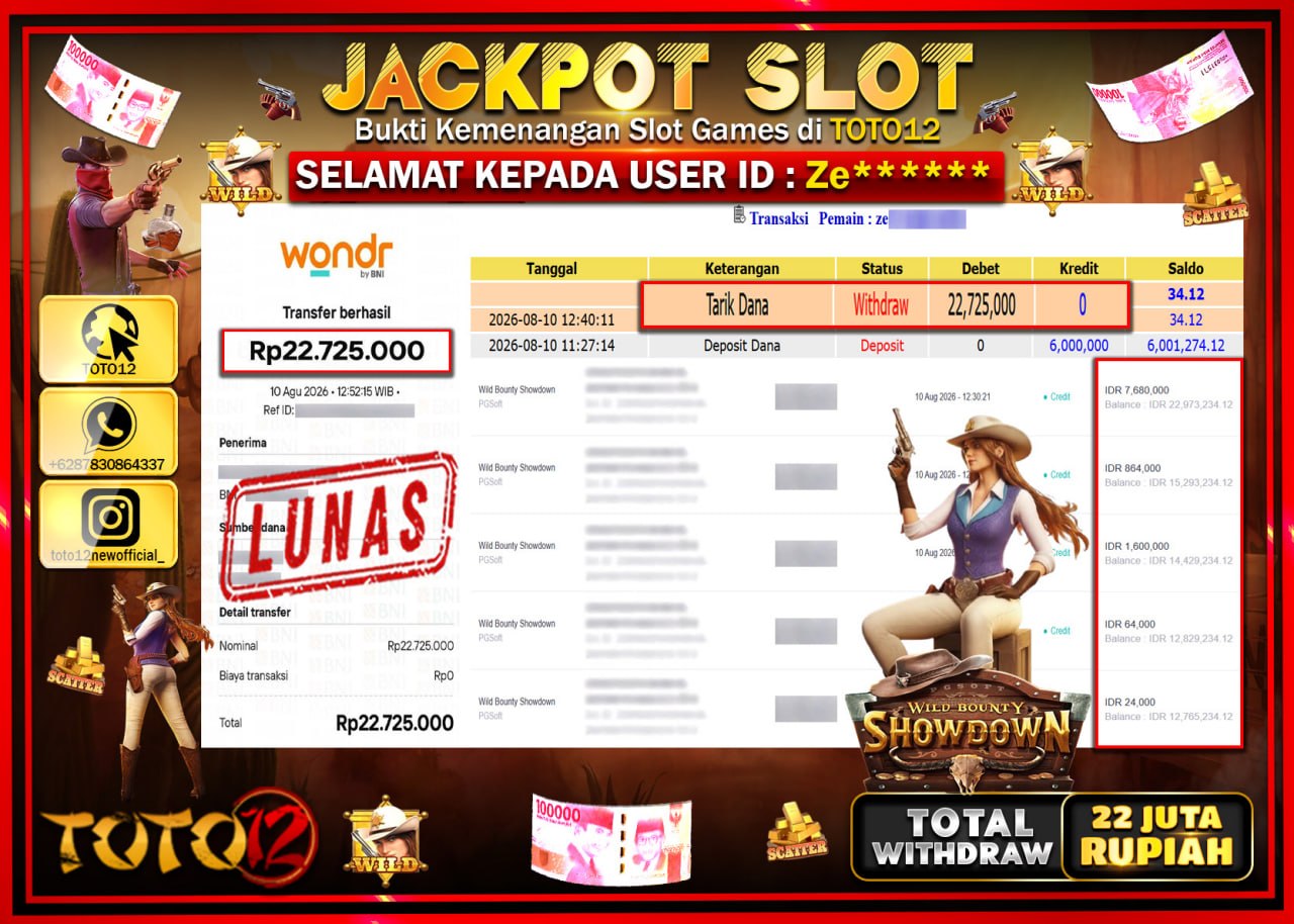 HANYA DI TOTO12 JP PASTI DI BAYAR LUNAS DAN CEPAT!!!!!! JACKPOT SLOT GAME (WILD BOUNTY SHOWDOWN Rp22.725.000!!!!