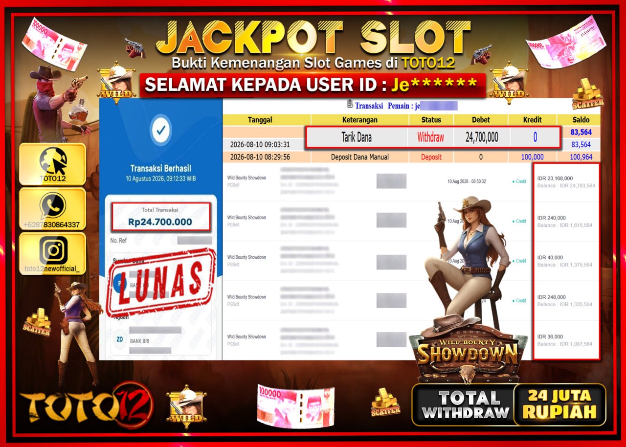 HANYA DI TOTO12 JP PASTI DI BAYAR LUNAS DAN CEPAT!!!!!! JACKPOT SLOT GAME (WILD BOUNTY SHOWDOWN) Rp24.700.000!!!!