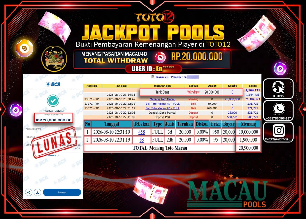 HANYA DI TOTO12 JP PASTI DI BAYAR LUNAS DAN CEPAT!!!!!! JACKPOT POOLS PASARAN (MACAU 4D) Rp20.000.000!!!!