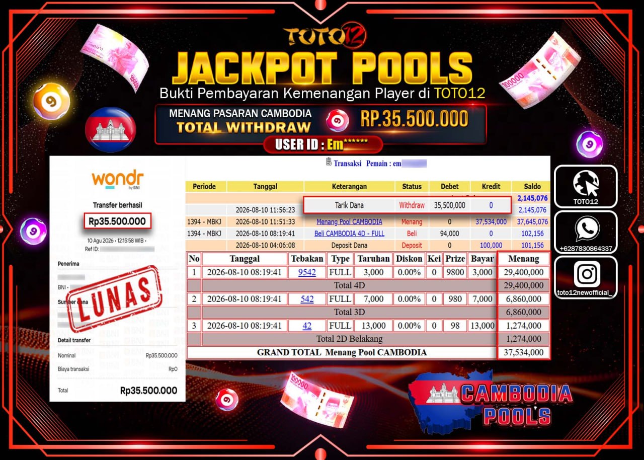 HANYA DI TOTO12 JP PASTI DI BAYAR LUNAS DAN CEPAT!!!!!! JACKPOT POOLS PASARAN (CAMBODIA) Rp35.500.000!!!!