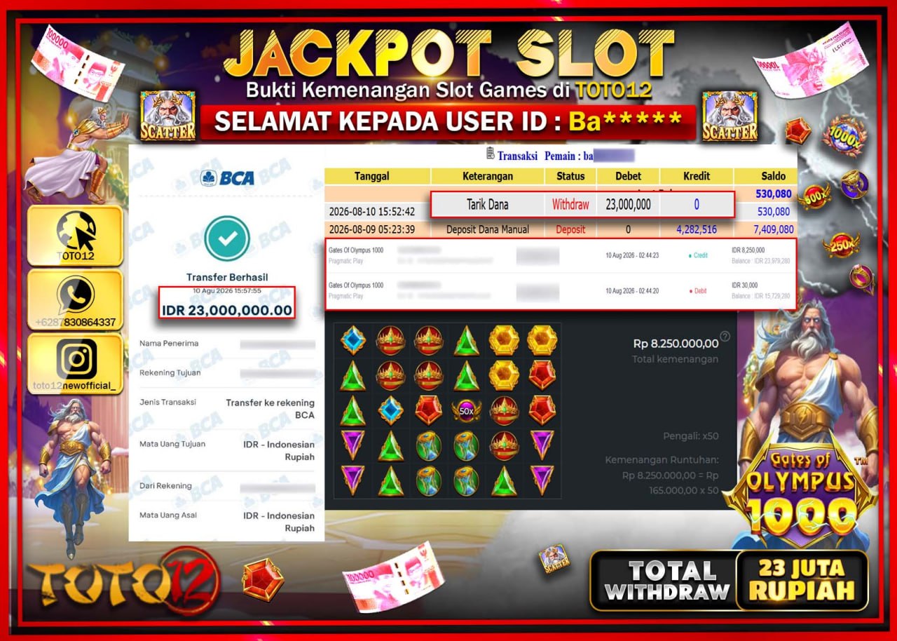 HANYA DI TOTO12 JP PASTI DI BAYAR LUNAS DAN CEPAT!!!!!! JACKPOT SLOT GAME (GATES OF OLYMPUS 1000) Rp23.000.000!!!!