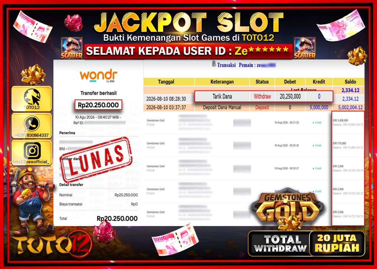 HANYA DI TOTO12 JP PASTI DI BAYAR LUNAS DAN CEPAT!!!!!! JACKPOT SLOT GAME (GEMSTONES GOLD) Rp20.250.000!!!!