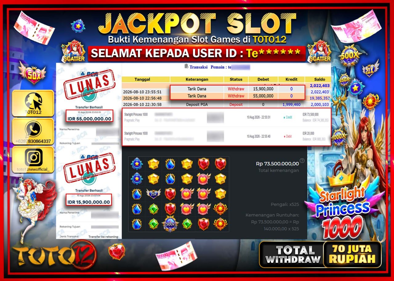 HANYA DI TOTO12 JP PASTI DI BAYAR LUNAS DAN CEPAT!!!!!! JACKPOT SLOT GAME (STARLIGHT PRINCESS 1000) Rp70.000.000!!!!