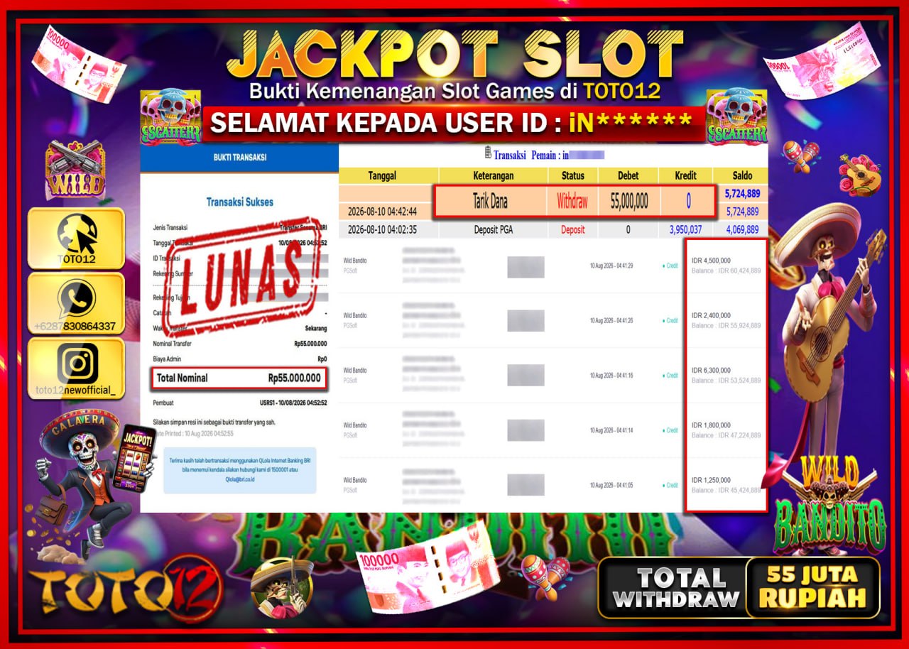 HANYA DI TOTO12 JP PASTI DI BAYAR LUNAS DAN CEPAT!!!!!! JACKPOT SLOT GAME (WILD BANDITO) Rp55.000.000!!!!