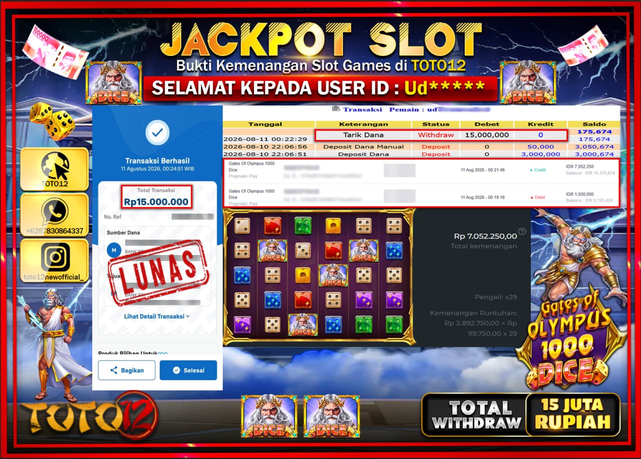 HANYA DI TOTO12 JP PASTI DI BAYAR LUNAS DAN CEPAT!!!!!! JACKPOT SLOT GAME (GATES OF OLYMPUS 1000 DICE) Rp15.000.000!!!!