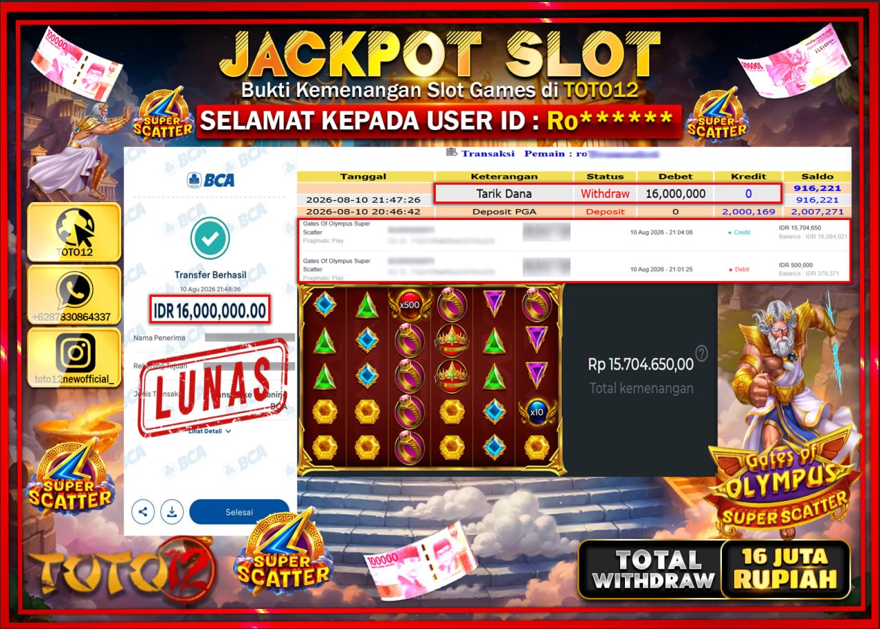 HANYA DI TOTO12 JP PASTI DI BAYAR LUNAS DAN CEPAT!!!!!! JACKPOT SLOT GAME (GATES OF OLYMPUS SUPER SCATTER) Rp16.000.000!!!!