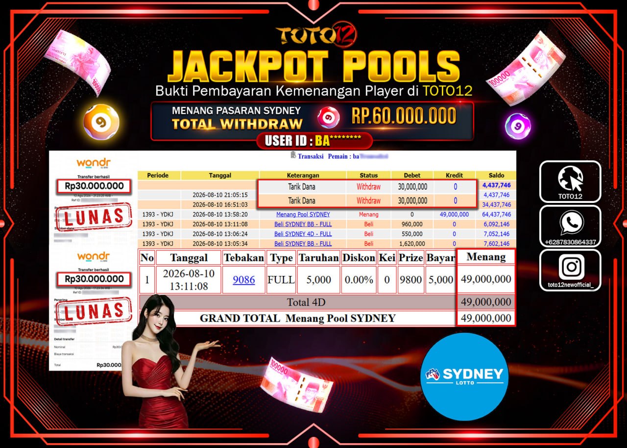 HANYA DI TOTO12 JP PASTI DI BAYAR LUNAS DAN CEPAT!!!!!! JACKPOT POOLS PASARAN (SYDNEY) Rp60.000.000!!!!