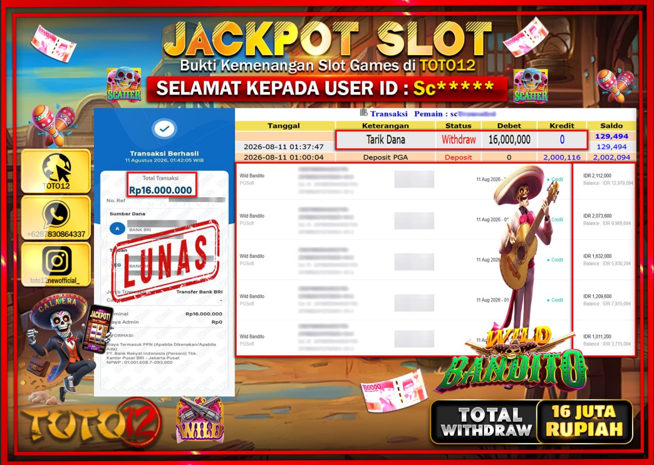 HANYA DI TOTO12 JP PASTI DI BAYAR LUNAS DAN CEPAT!!!!!! JACKPOT SLOT GAME (WILD BANDITO) Rp16.000.000!!!!