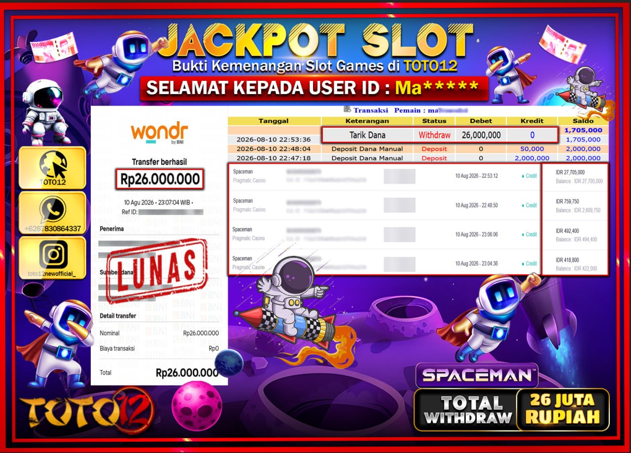 HANYA DI TOTO12 JP PASTI DI BAYAR LUNAS DAN CEPAT!!!!!! JACKPOT SLOT GAME (SPACEMAN) Rp26.000.000!!!!