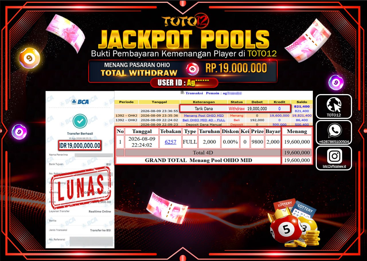 HANYA DI TOTO12 JP PASTI DI BAYAR LUNAS DAN CEPAT!!!!!! JACKPOT POOLS PASARAN (OHIO) Rp19.000.000!!!!