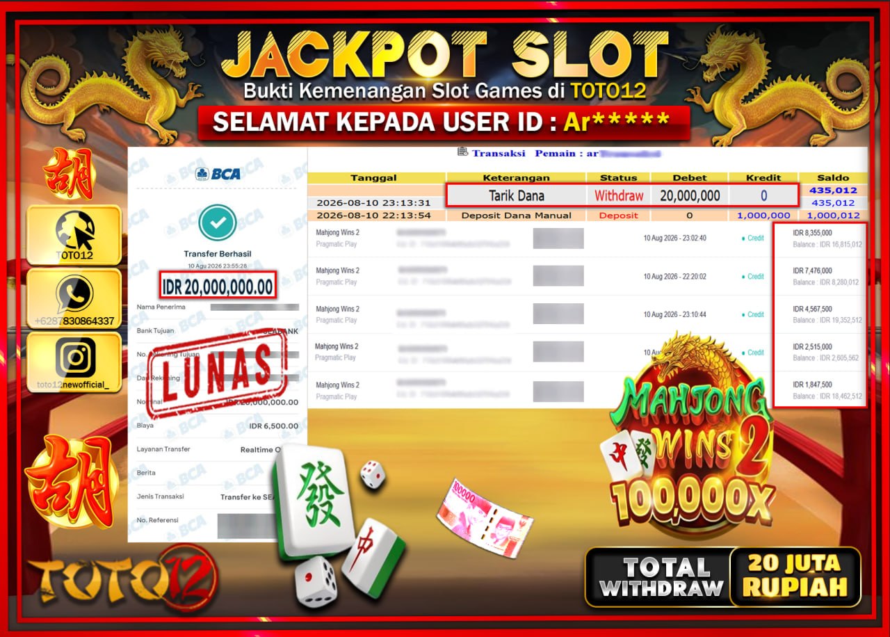 HANYA DI TOTO12 JP PASTI DI BAYAR LUNAS DAN CEPAT!!!!!! JACKPOT SLOT GAME (MAHJONG WINS 2) Rp20.000.000!!!!