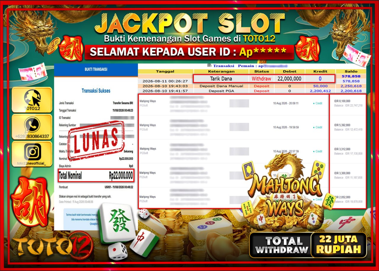 HANYA DI TOTO12 JP PASTI DI BAYAR LUNAS DAN CEPAT!!!!!! JACKPOT SLOT GAME (MAHJONG WAYS) Rp22.000.000!!!!