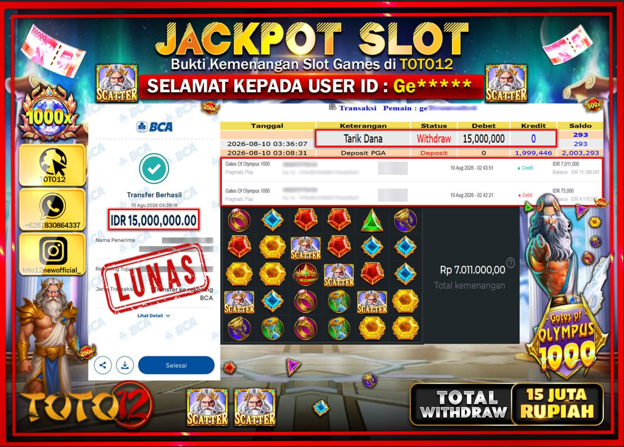 HANYA DI TOTO12 JP PASTI DI BAYAR LUNAS DAN CEPAT!!!!!! JACKPOT SLOT GAME (GATES OF OLYMPUS 1000) Rp15.000.000!!!!