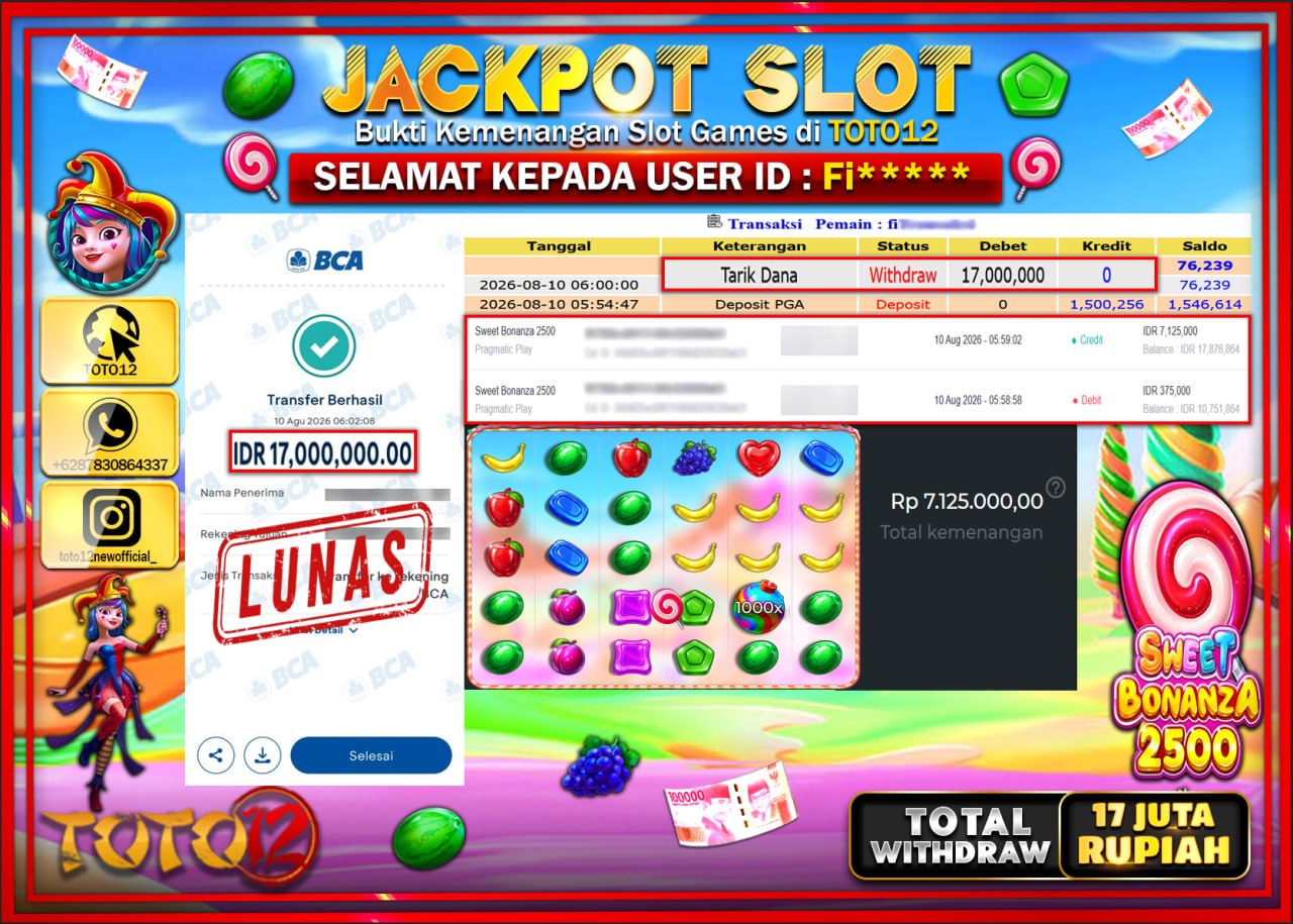 HANYA DI TOTO12 JP PASTI DI BAYAR LUNAS DAN CEPAT!!!!!! JACKPOT SLOT GAME (SWEET BONANZA 2500) Rp17.000.000!!!!