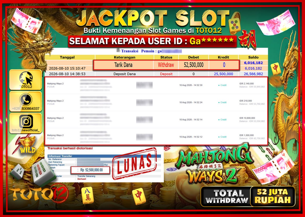 HANYA DI TOTO12 JP PASTI DI BAYAR LUNAS DAN CEPAT!!!!!! JACKPOT SLOT GAME (MAHJONG WAYS 2) Rp52.500.000!!!!