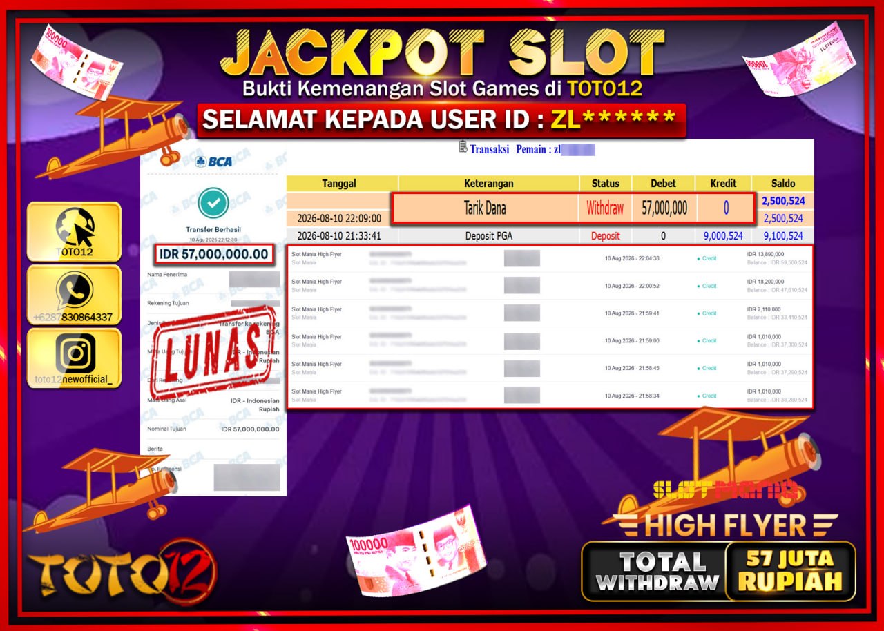HANYA DI TOTO12 JP PASTI DI BAYAR LUNAS DAN CEPAT!!!!!! JACKPOT SLOT GAME (HIGH FLAYER) Rp57.000.000!!!!