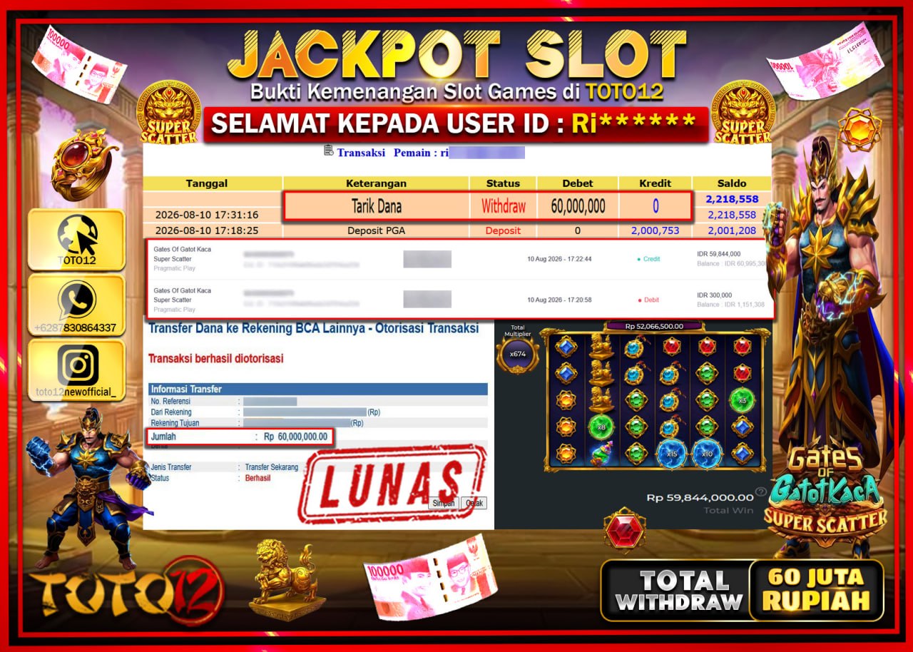 HANYA DI TOTO12 JP PASTI DI BAYAR LUNAS DAN CEPAT!!!!!! JACKPOT SLOT GAME (GATES OF GATOTKACA SUPER SCATTER) Rp60.000.000!!!!