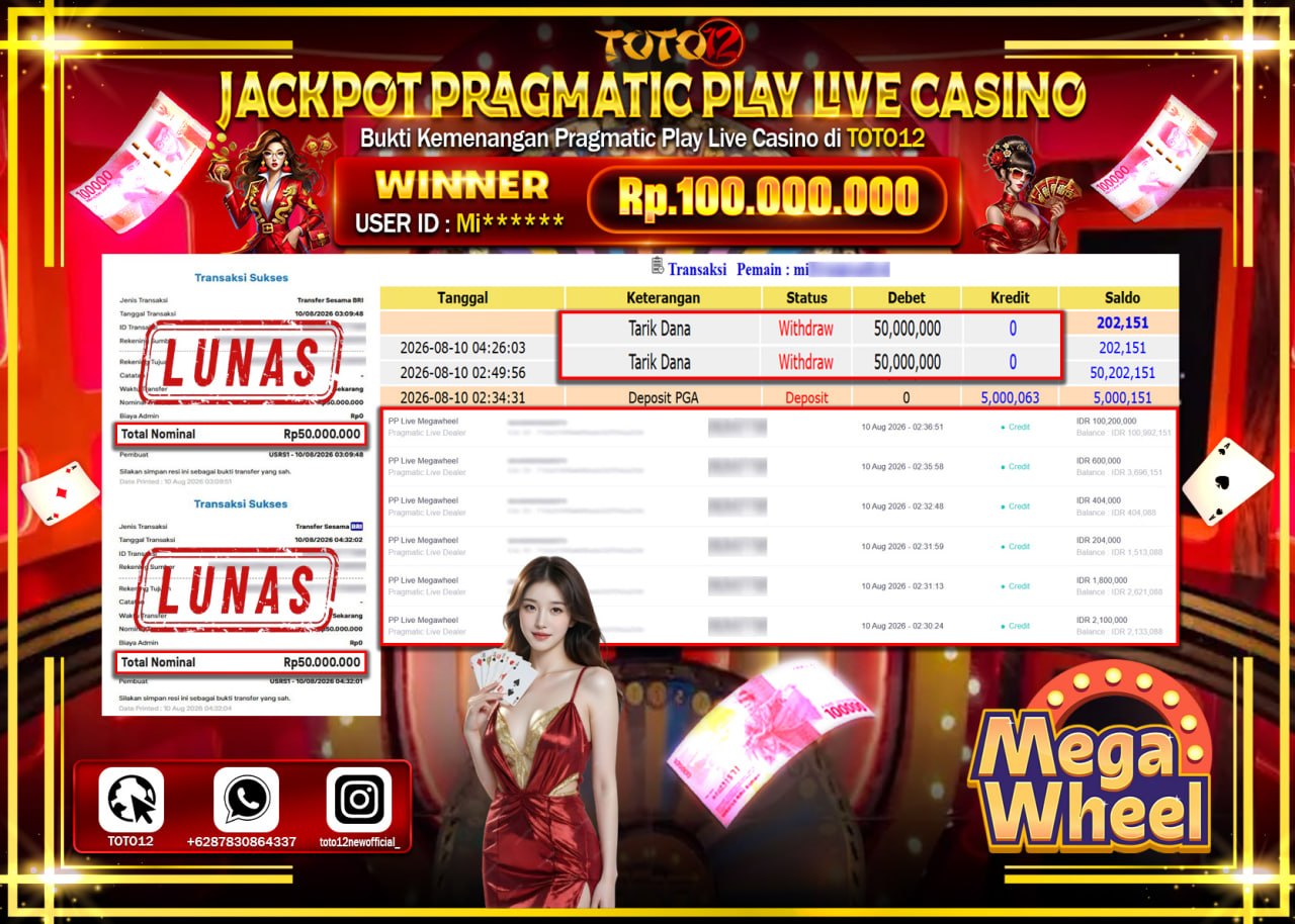 HANYA DI TOTO12 JP PASTI DI BAYAR LUNAS DAN CEPAT!!!!!! JACKPOT PRAGMATIC PLAY LIVE GAME CASINO (PP LIVE MEGAWHELL) Rp100.000.000!!!!
