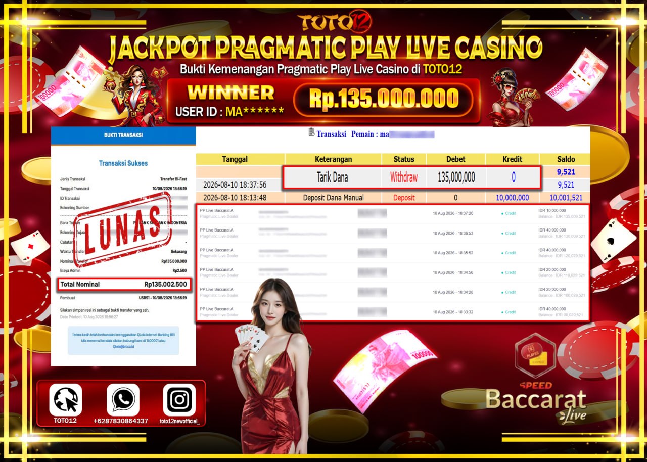 HANYA DI TOTO12 JP PASTI DI BAYAR LUNAS DAN CEPAT!!!!!! JACKPOT PRAGMATIC PLAY LIVE GAME CASINO (PP LIVE  BACCARAT A) Rp135.000.000!!!!