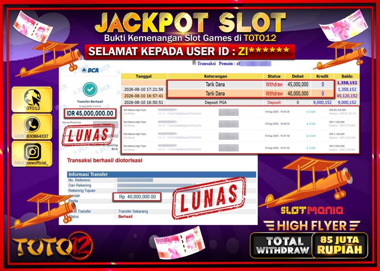 HANYA DI TOTO12 JP PASTI DI BAYAR LUNAS DAN CEPAT!!!!!! JACKPOT SLOT GAME (SLOT MANIA HIGH FLAYER) Rp85.000.000!!!!