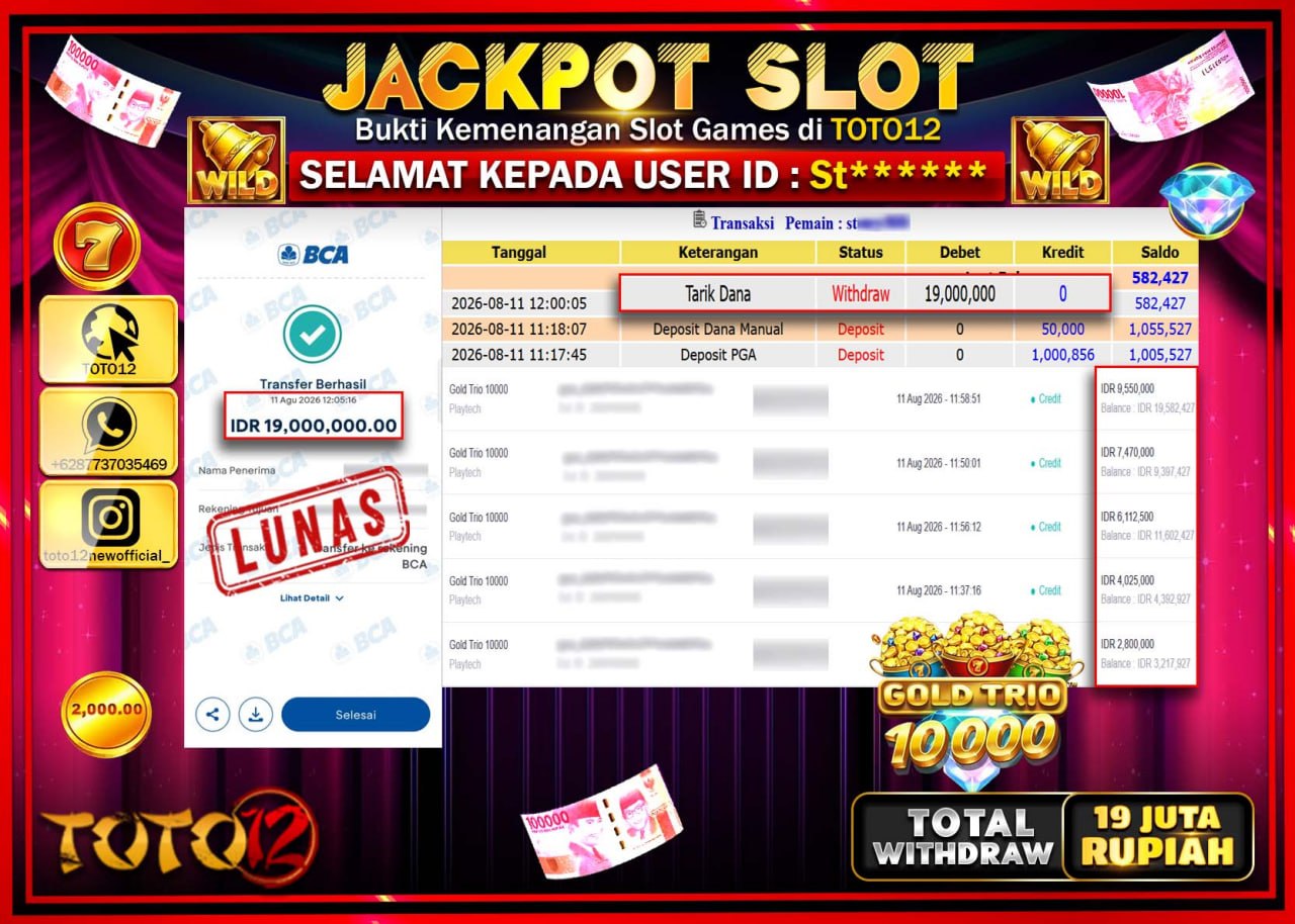 HANYA DI TOTO12 JP PASTI DI BAYAR LUNAS DAN CEPAT!!!!!! JACKPOT SLOT GAME (GOLD TRIO 10000) Rp31.000.000!!!!