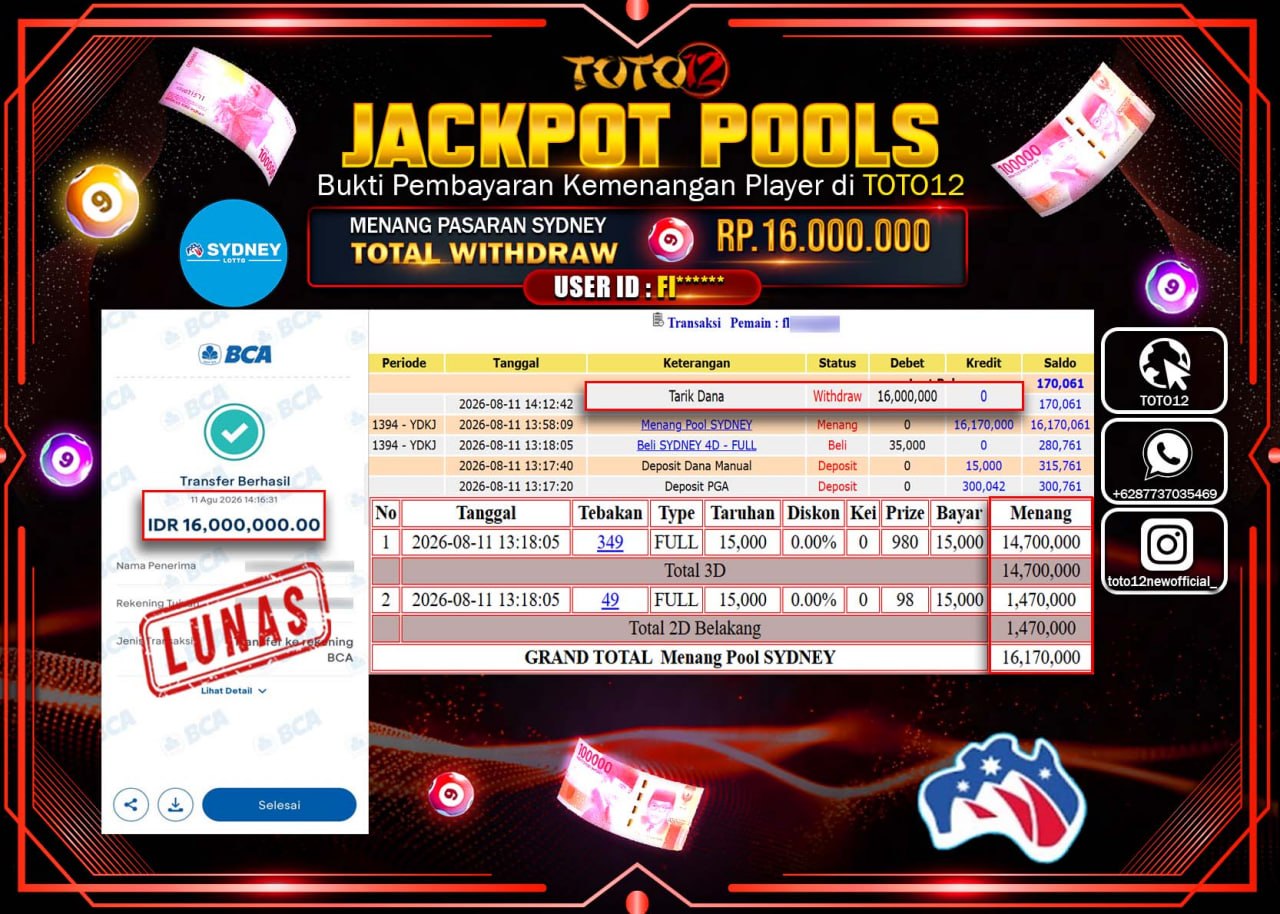 HANYA DI TOTO12 JP PASTI DI BAYAR LUNAS DAN CEPAT!!!!!! JACKPOT POOLS PASARAN (SYDNEY) Rp16.000.000!!!!