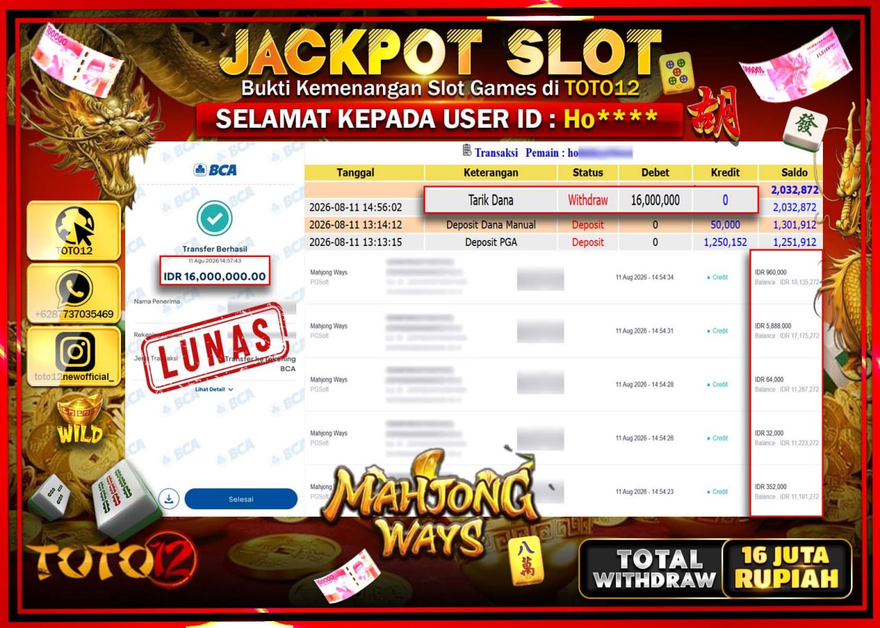 HANYA DI TOTO12 JP PASTI DI BAYAR LUNAS DAN CEPAT!!!!!! JACKPOT SLOT GAME (MAHJONG WAYS) Rp16.000.000!!!!