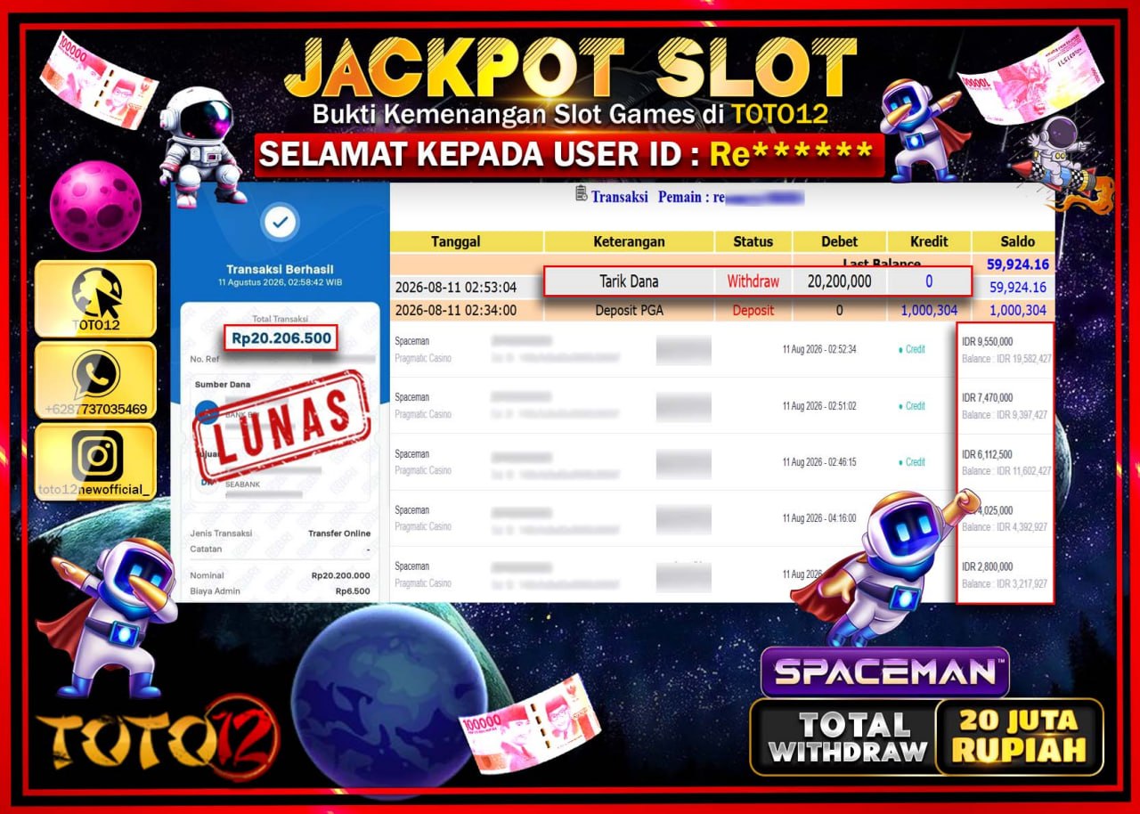 HANYA DI TOTO12 JP PASTI DI BAYAR LUNAS DAN CEPAT!!!!!! JACKPOT SLOT GAME (SPACEMAN) Rp20.200.000!!!!