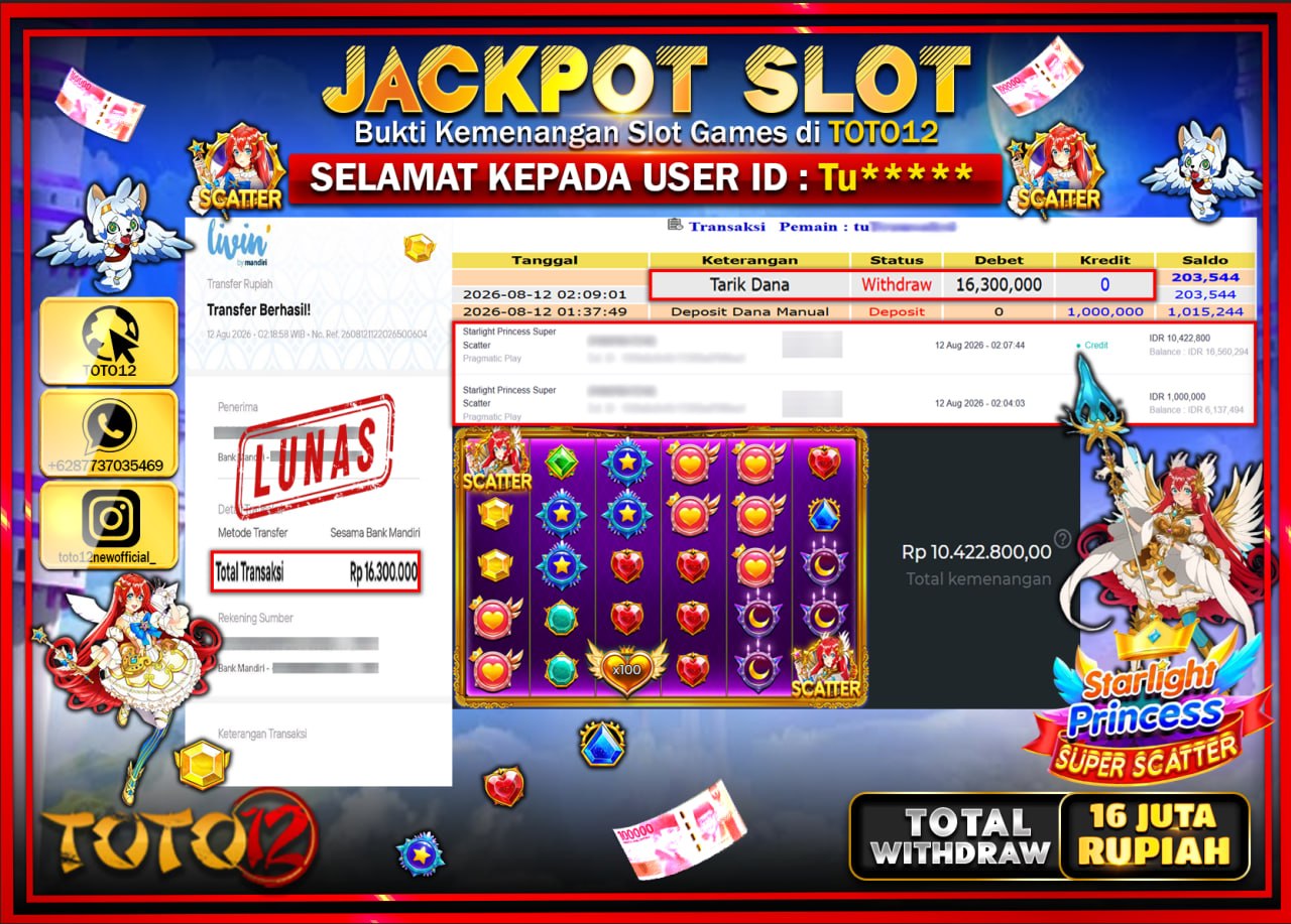 HANYA DI TOTO12 JP PASTI DI BAYAR LUNAS DAN CEPAT!!!!!! JACKPOT SLOT GAME (STARLIGHT PRINCESS SUPER SCATTER) Rp16.300.000!!!!