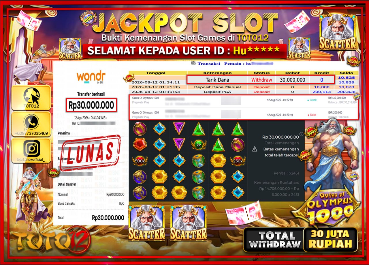 HANYA DI TOTO12 JP PASTI DI BAYAR LUNAS DAN CEPAT!!!!!! JACKPOT SLOT GAME (GATES OF OLYMPUS 1000) Rp30.000.000!!!!