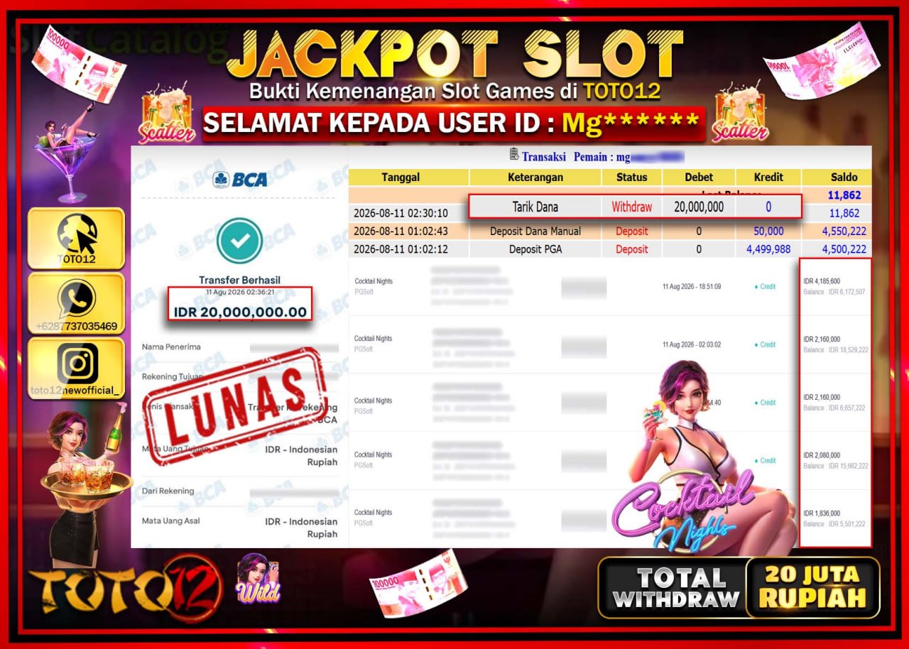 HANYA DI TOTO12 JP PASTI DI BAYAR LUNAS DAN CEPAT!!!!!! JACKPOT SLOT GAME (COCKTAIL NIGHTS) Rp20.000.000!!!!