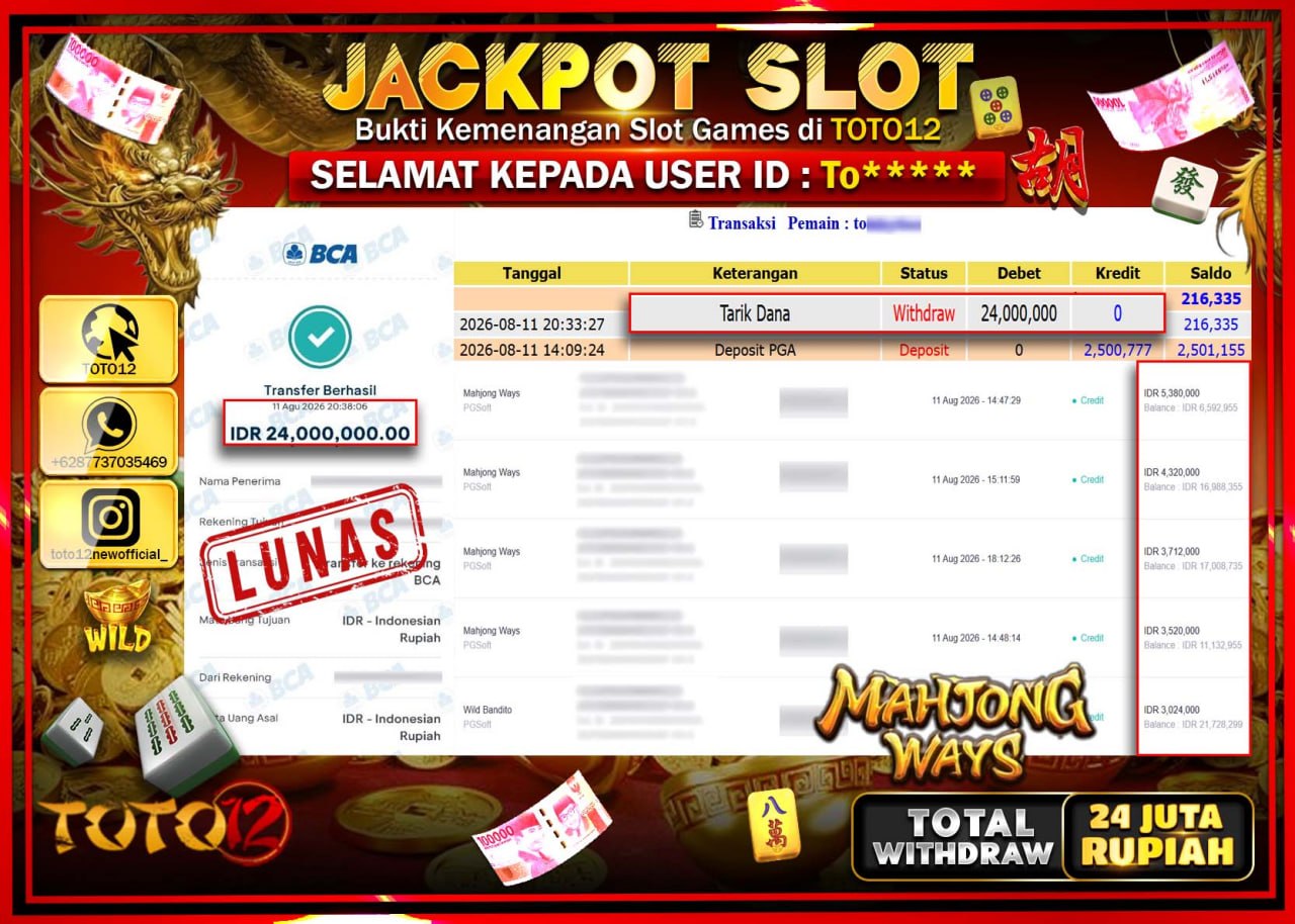 HANYA DI TOTO12 JP PASTI DI BAYAR LUNAS DAN CEPAT!!!!!! JACKPOT SLOT GAME (MAHJONG WAYS) Rp24.000.000!!!!